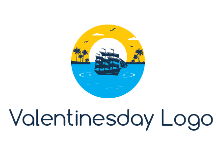 sun and palm trees behind ship in circle