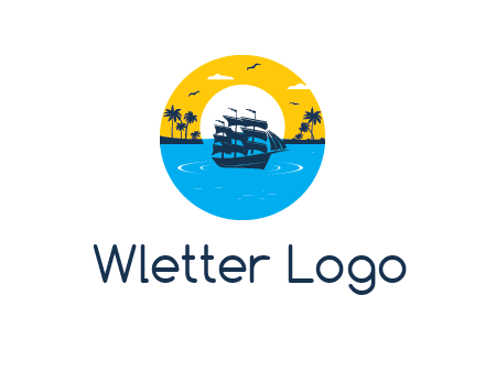 sun and palm trees behind ship in circle