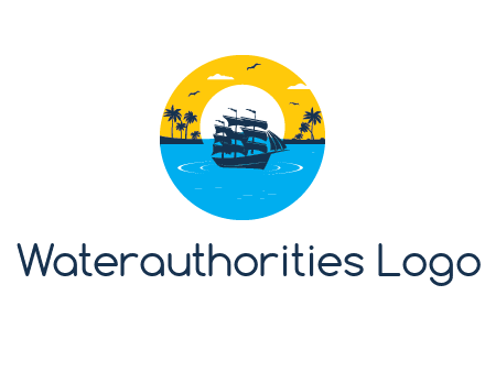 sun and palm trees behind ship in circle
