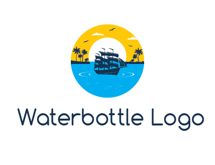sun and palm trees behind ship in circle