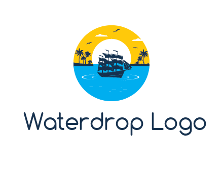 sun and palm trees behind ship in circle