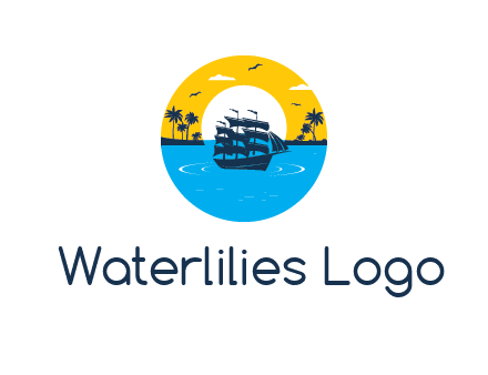 sun and palm trees behind ship in circle