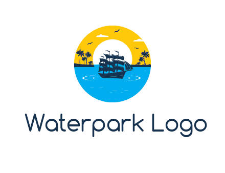 sun and palm trees behind ship in circle