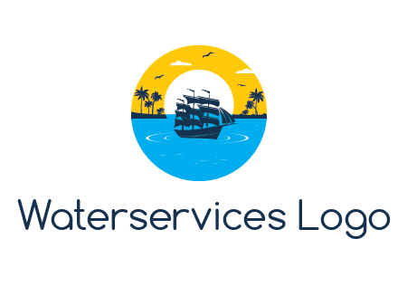sun and palm trees behind ship in circle