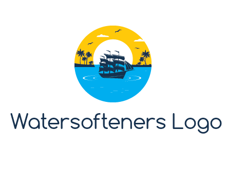 sun and palm trees behind ship in circle