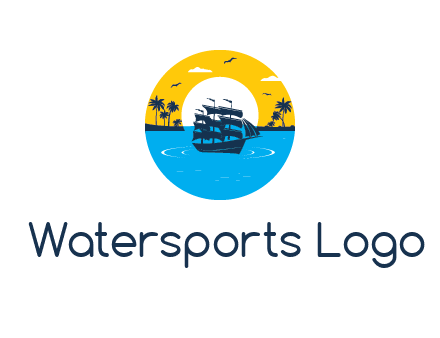 sun and palm trees behind ship in circle