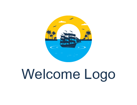sun and palm trees behind ship in circle