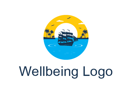 sun and palm trees behind ship in circle