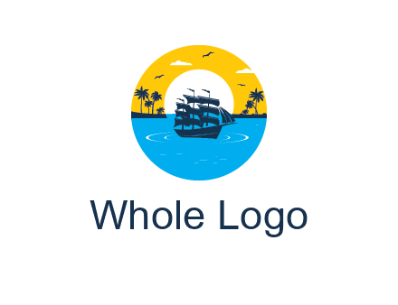 sun and palm trees behind ship in circle