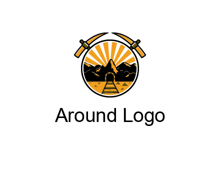 pickaxe behind circle with mountains and railroad