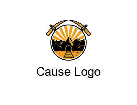 pickaxe behind circle with mountains and railroad