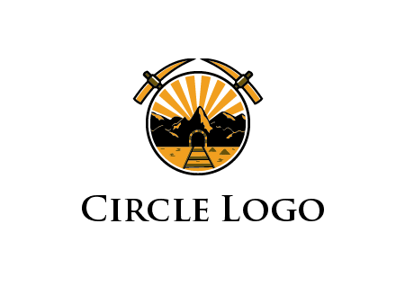 pickaxe behind circle with mountains and railroad