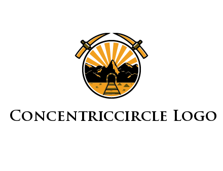 pickaxe behind circle with mountains and railroad