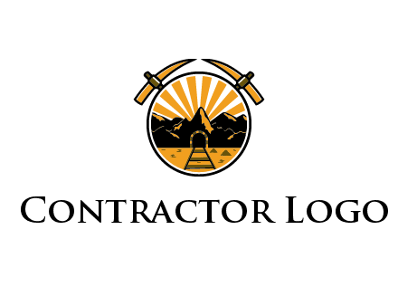 pickaxe behind circle with mountains and railroad