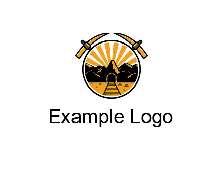 pickaxe behind circle with mountains and railroad