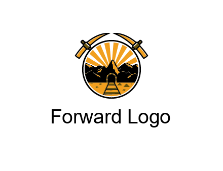pickaxe behind circle with mountains and railroad