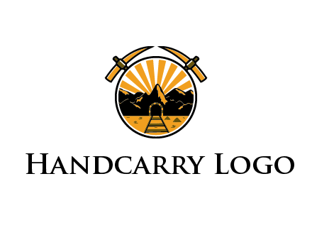 pickaxe behind circle with mountains and railroad