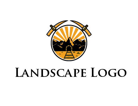 pickaxe behind circle with mountains and railroad