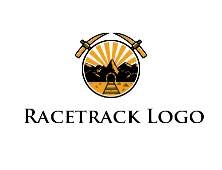 pickaxe behind circle with mountains and railroad