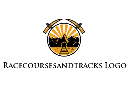 pickaxe behind circle with mountains and railroad