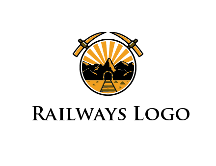 pickaxe behind circle with mountains and railroad