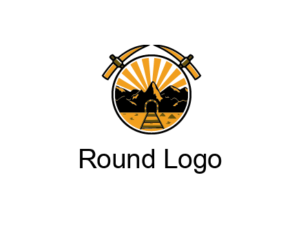 pickaxe behind circle with mountains and railroad