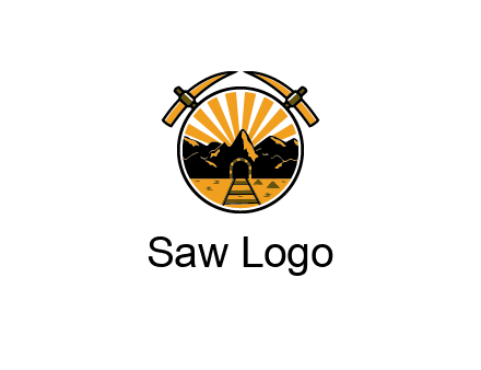 pickaxe behind circle with mountains and railroad