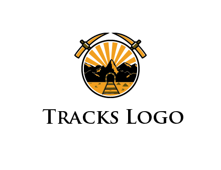 pickaxe behind circle with mountains and railroad