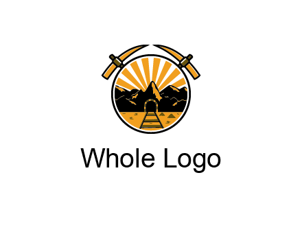 pickaxe behind circle with mountains and railroad