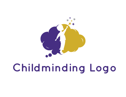 negative spacing child playing with stars in two tone cloud bubble 