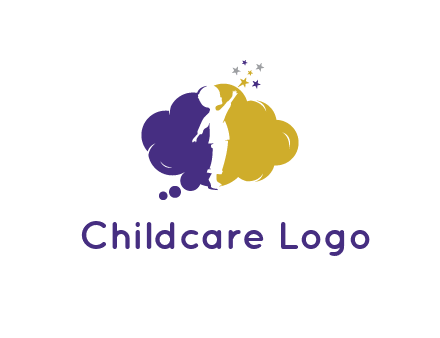 negative spacing child playing with stars in two tone cloud bubble 