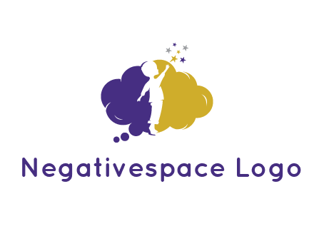 negative spacing child playing with stars in two tone cloud bubble 