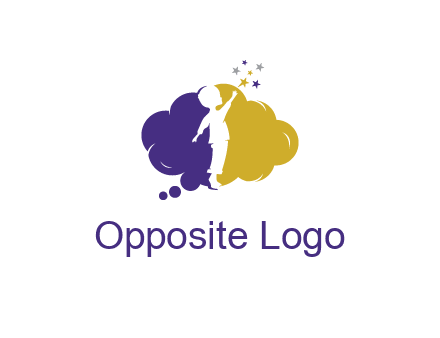 negative spacing child playing with stars in two tone cloud bubble 