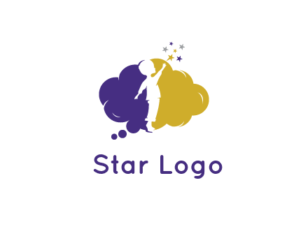 negative spacing child playing with stars in two tone cloud bubble 