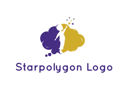 negative spacing child playing with stars in two tone cloud bubble 