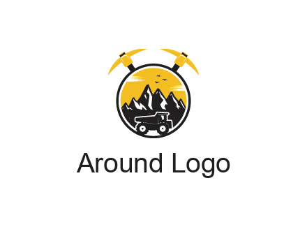 pickaxe behind circle with mountains and truck