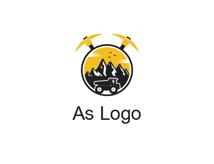 pickaxe behind circle with mountains and truck