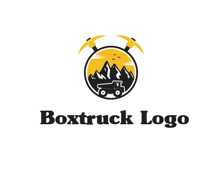 pickaxe behind circle with mountains and truck