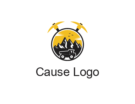 pickaxe behind circle with mountains and truck