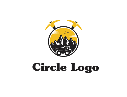 pickaxe behind circle with mountains and truck