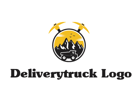 pickaxe behind circle with mountains and truck