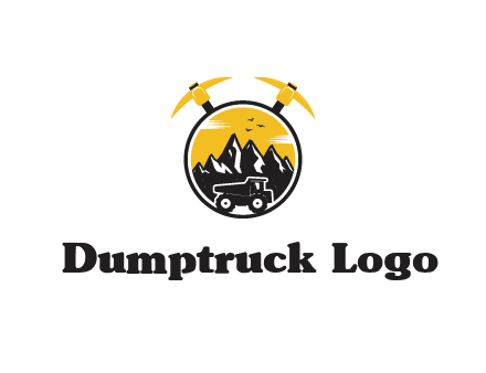pickaxe behind circle with mountains and truck