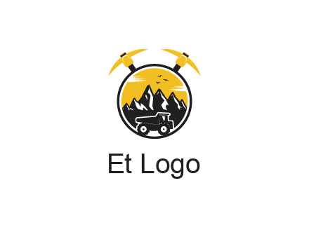 pickaxe behind circle with mountains and truck
