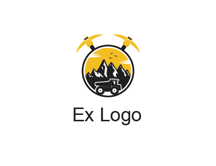 pickaxe behind circle with mountains and truck