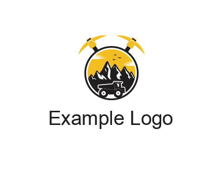 pickaxe behind circle with mountains and truck