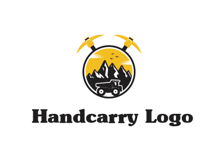 pickaxe behind circle with mountains and truck