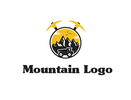 pickaxe behind circle with mountains and truck