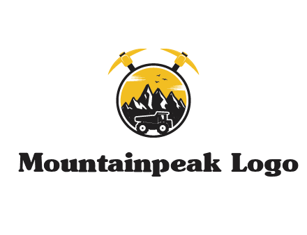 pickaxe behind circle with mountains and truck