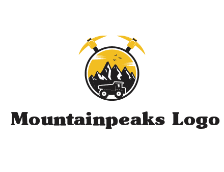 pickaxe behind circle with mountains and truck