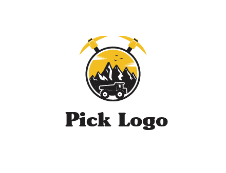 pickaxe behind circle with mountains and truck